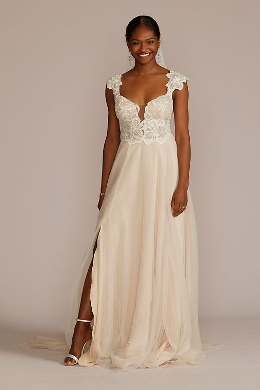 DB Studio Floral Applique Cap Sleeve Wedding Gown