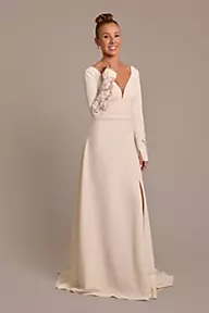 DB Studio Crepe Long-Sleeve A-Line Wedding Dress
