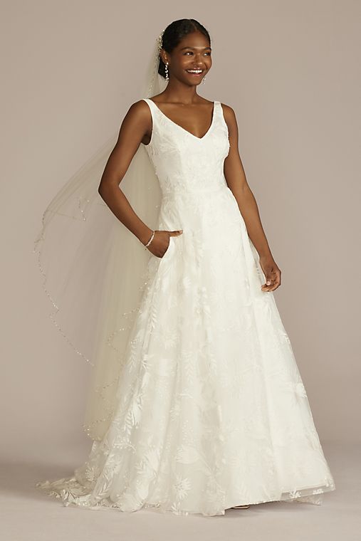 DB Studio V-Neck Embroidered Lace A-Line Wedding Dress