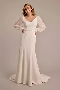 DB Studio Long Sleeve V-Neck Crepe Mermaid Wedding Dress