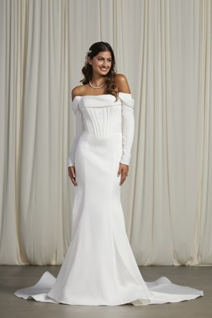 Picture of Swag Sleeve Stretch Satin Corset Wedding Dress