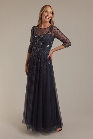 Picture of Illusion Long-Sleeve Beaded A-Line Dress