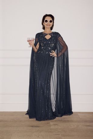 Picture of Allover Beaded Sheath Dress with Full Cape