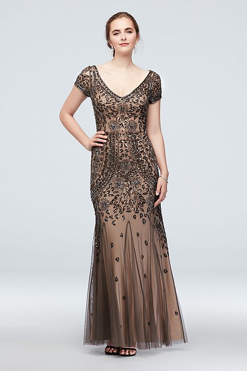 David's Bridal Bead and Sequin Embellished Mesh Overlay Gown