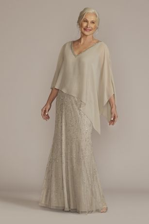 Picture of Beaded V-Neck Sheath Gown with Chiffon Capelet