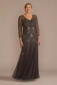 Oleg Cassini Three-Quarter Sleeve Beaded Gown with Godets