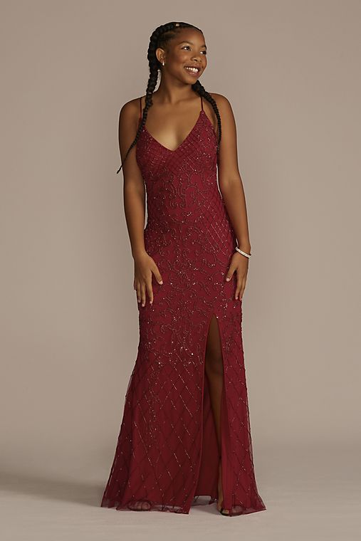 Jules and Cleo Patterned Beaded and Sequined Sheath with Slit