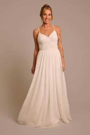 DB Studio Beaded Mesh Spaghetti Strap A-Line Wedding Dress in Soft White Size: 8 David's Bridal