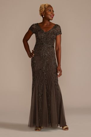 Picture of V-Neck Beaded Sheath with Illusion Sleeves