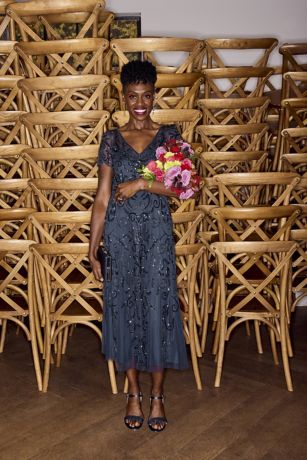 Picture of Allover Beaded Short Sleeve Midi Dress