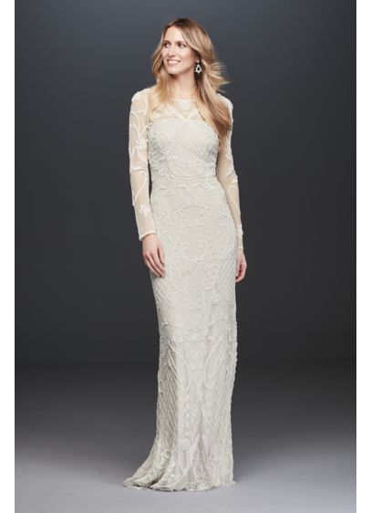 Allover Scroll Beaded Illusion Long Sleeve Gown - Intricately beaded scroll and honeycomb patterns embellish this