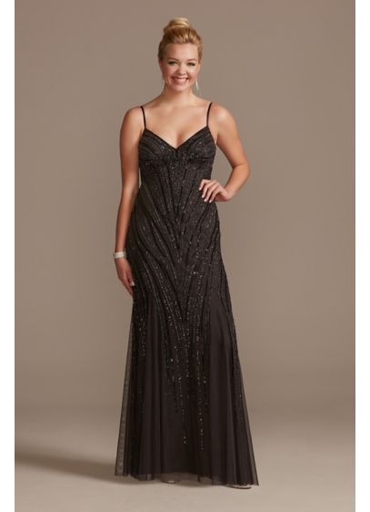 Beaded Overlay Spaghetti Strap Dress with Godets - Elegant beadwork adds extra shine to this sparkly