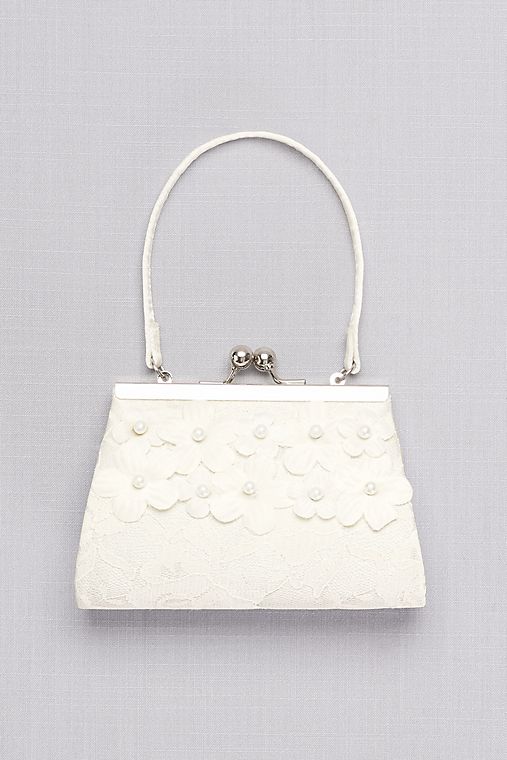 David's Bridal Girls Lace Purse with 3D Pearl Flowers