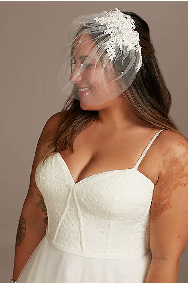 Lace Applique Blusher Veil with Pearls