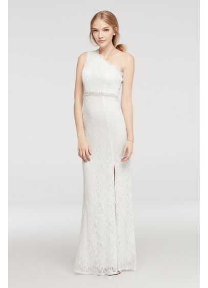 One Shoulder Lace Prom Dress with Beaded Waist | David's Bridal