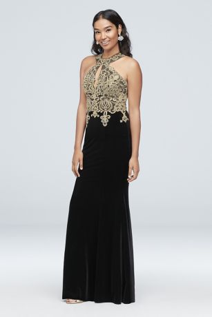 metallic lace and jersey round neck halter gown