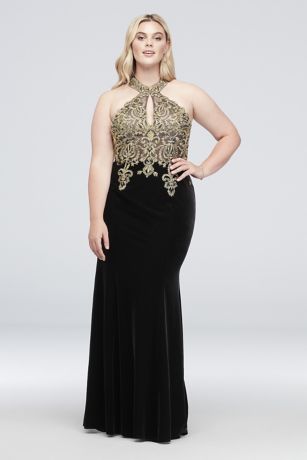 metallic lace and jersey round neck halter gown