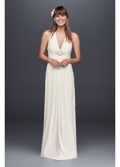 Long Jersey Gown with Beaded Knot Detail David s Bridal Long Jersey Gown with Beaded Knot Detail David s Bridal