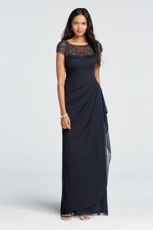 xscape beaded cap sleeve gown