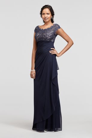 david's bridal long mesh dress with lace cap sleeves