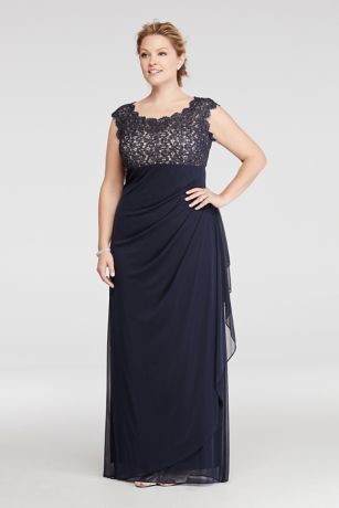 david's bridal long mesh dress with lace cap sleeves