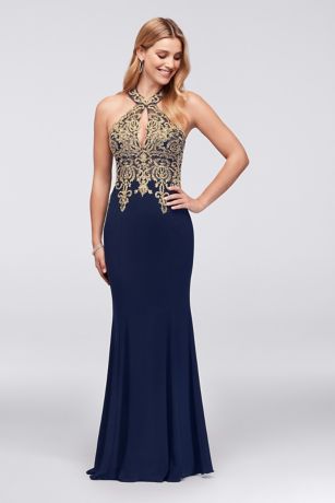 metallic lace and jersey round neck halter gown