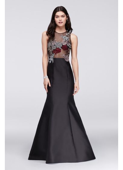 Mikado Trumpet Gown with Embroidered Illusion Top David Mikado Trumpet Gown with Embroidered Illusion Top David
