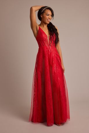 Picture of Patterned Sequin A-Line Dress with Plunge Ne