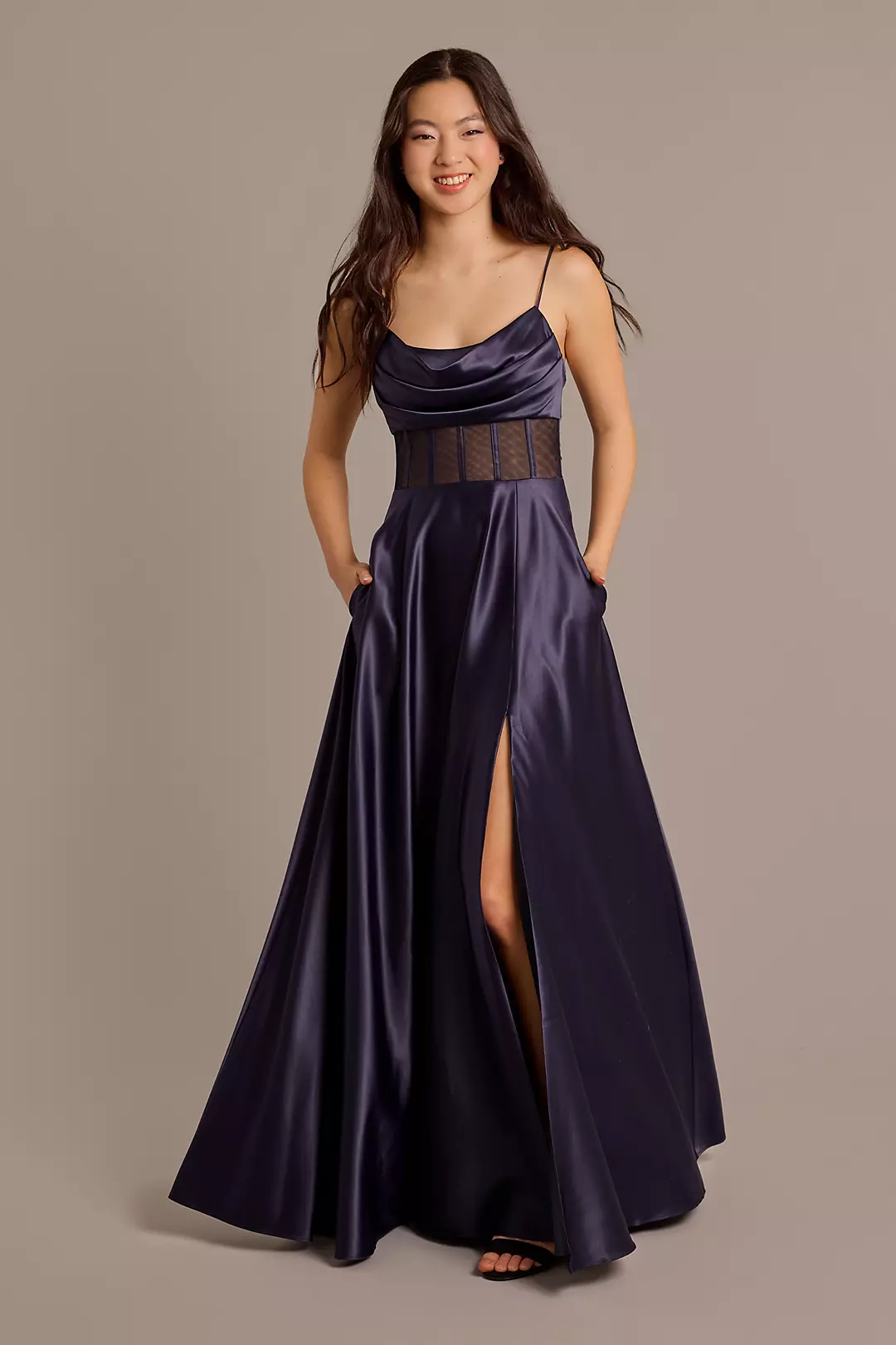 Illusion Corset Bodice Cowl Neck A-Line Dress Image
