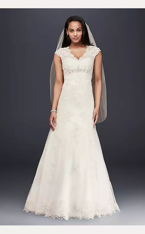 Cap Sleeve Lace Over Satin Wedding Dress  Image 1