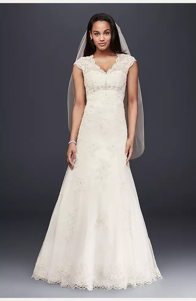 Cap Sleeve Lace Over Satin Wedding Dress  Image