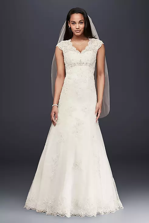 Cap Sleeve Lace Over Satin Wedding Dress  Image 1