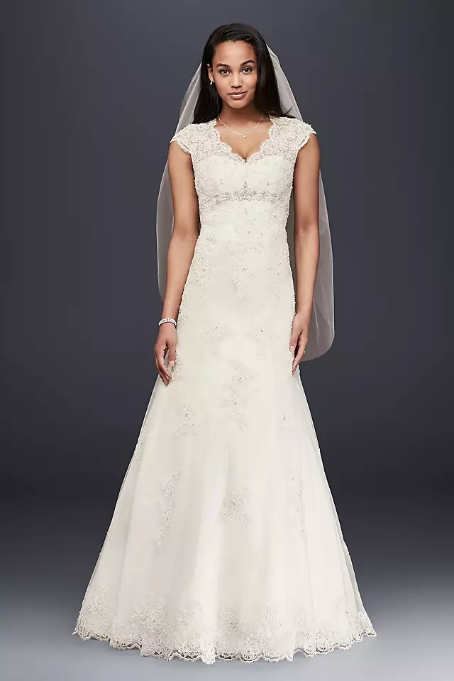 Cap Sleeve Lace Over Satin Wedding Dress  Image