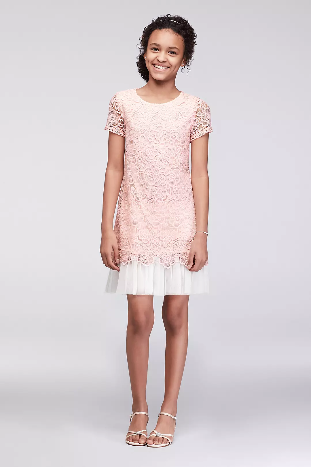 Cap Sleeve Lace Party Dress with Pleated Tulle Hem Image