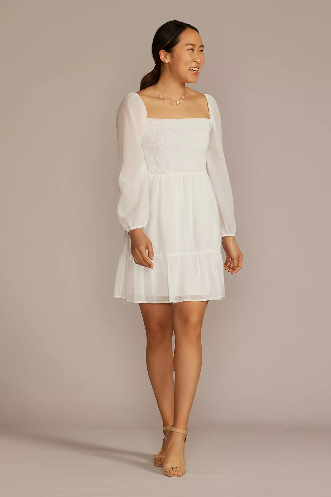 Smocked Long Sleeve Chiffon Short Dress Image