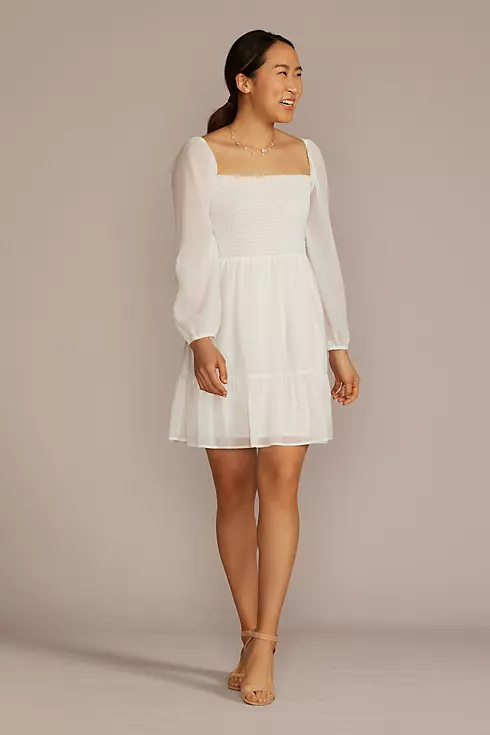 Smocked Long Sleeve Chiffon Short Dress Image 1