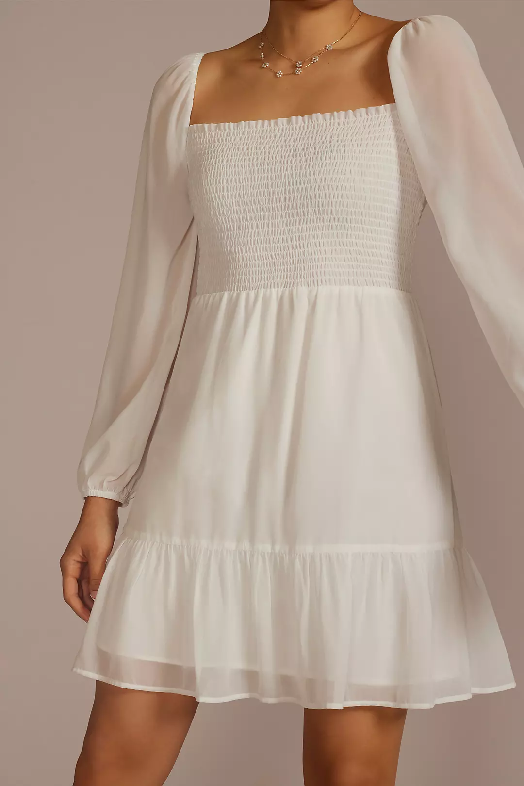 Smocked Long Sleeve Chiffon Short Dress Image 3