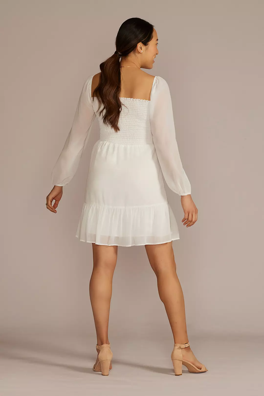 Smocked Long Sleeve Chiffon Short Dress Image 2
