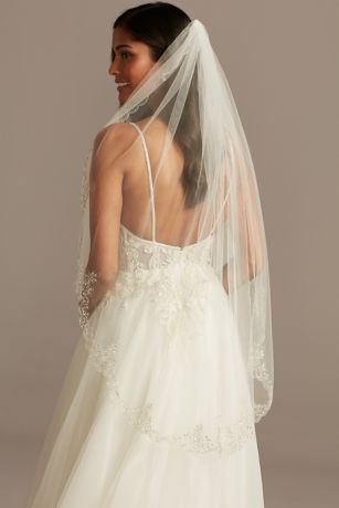 Crystal and Metallic Thread Scalloped Hem Veil | David's Bridal