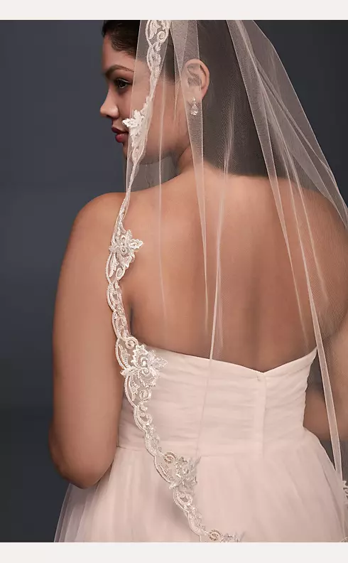 Lace-Edged Whisper Pink Elbow Veil Image 1