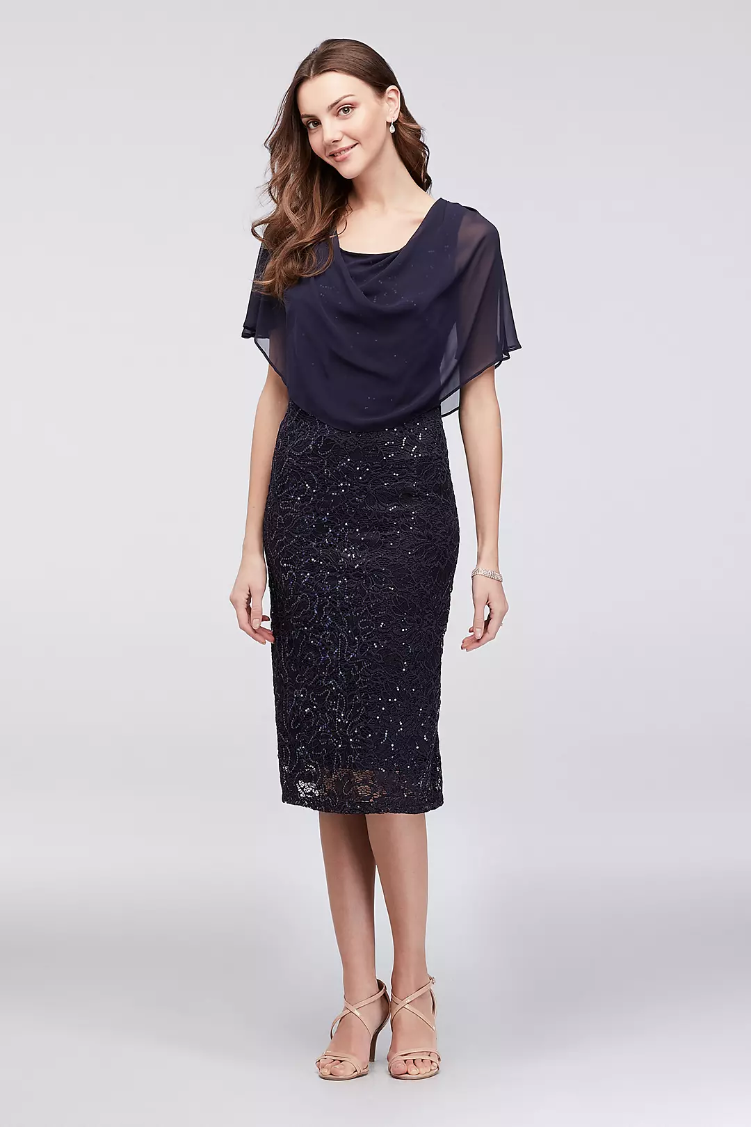 Sequin Lace Short Dress with Chiffon Capelet Image