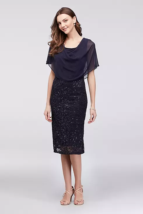 Sequin Lace Short Dress with Chiffon Capelet Image 1