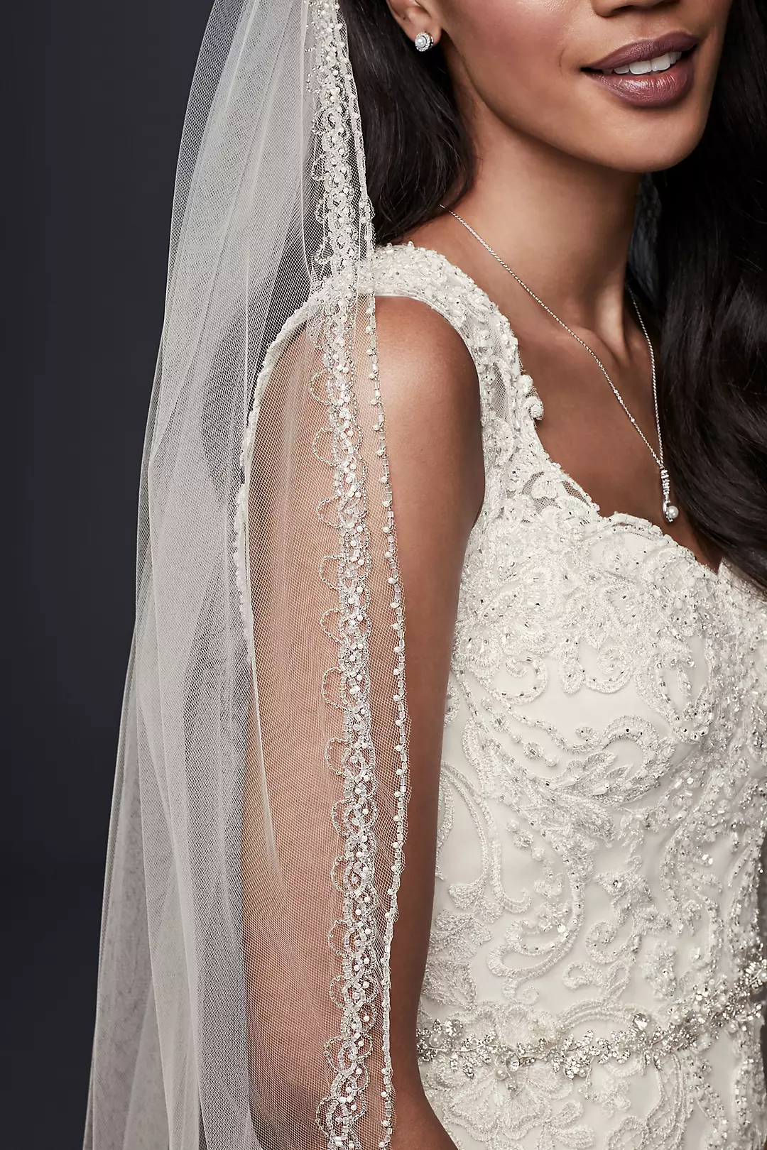 One Tier Mid Veil with Beaded Design Image 2