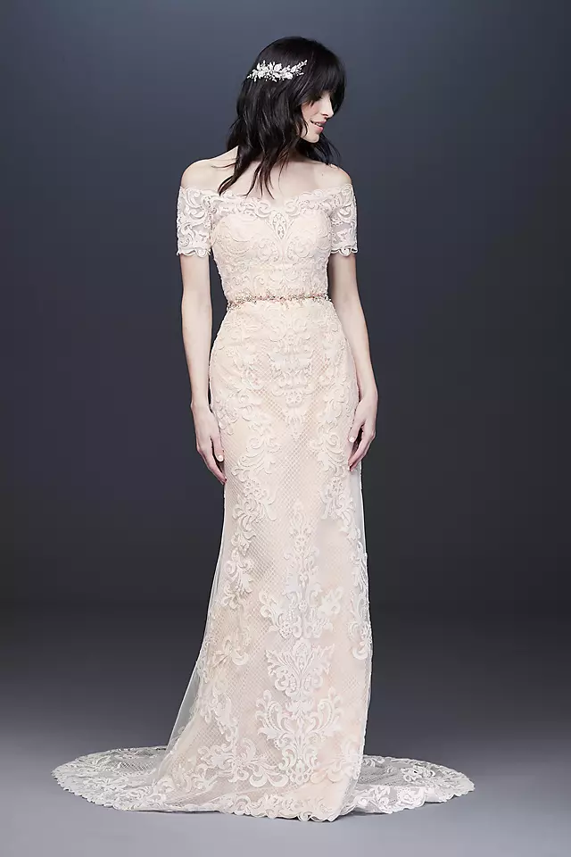 Off the Shoulder Lace Sheath Wedding Dress Image