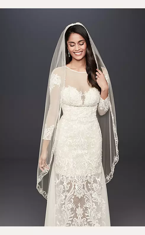 Crystal Flowers Embroidered Veil with Scallop Hem Image 1