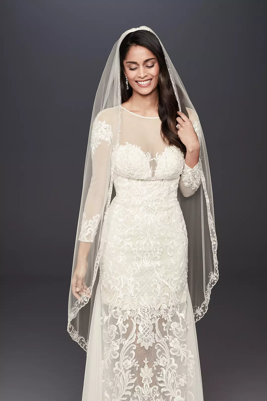 Crystal Flowers Embroidered Veil with Scallop Hem Image