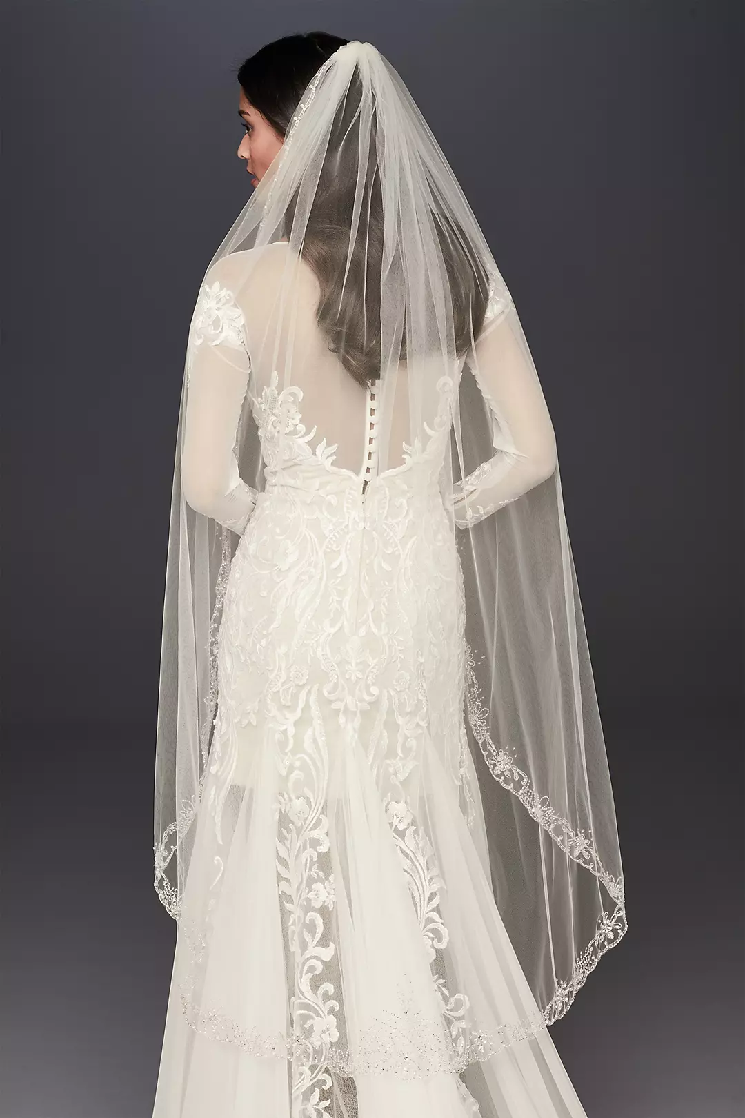 Crystal Flowers Embroidered Veil with Scallop Hem Image 2