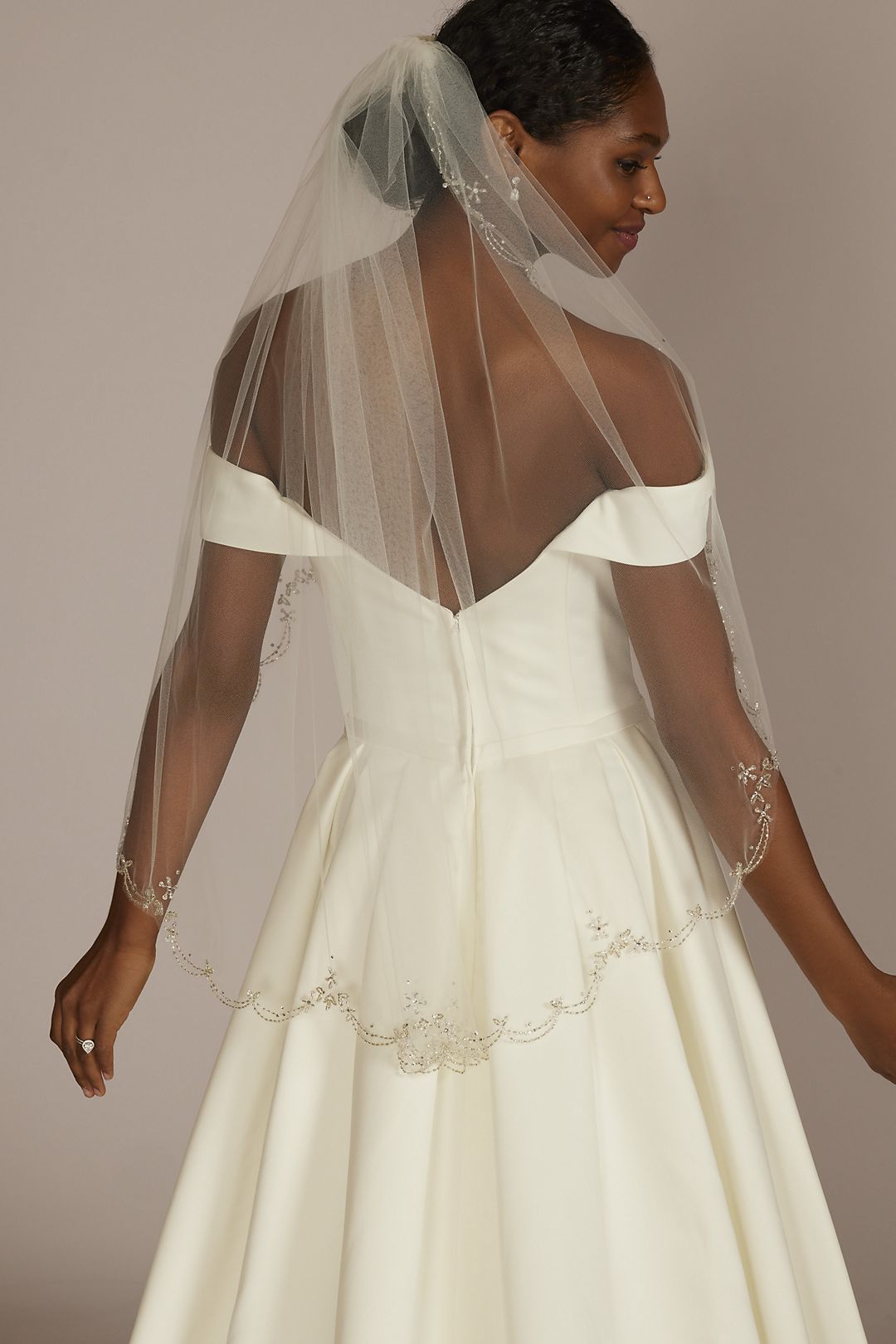 Fingertip Veil Edged with Lace Appliqués with Beads and Sequins