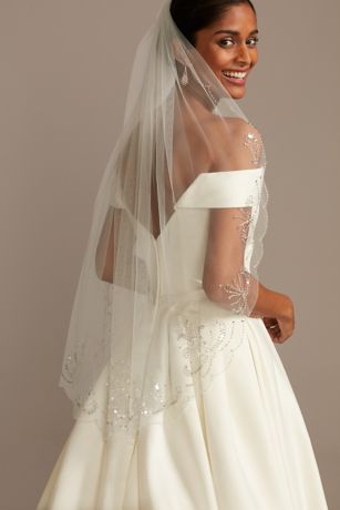 Fingertip Veil Edged with Lace Appliqués with Beads and Sequins