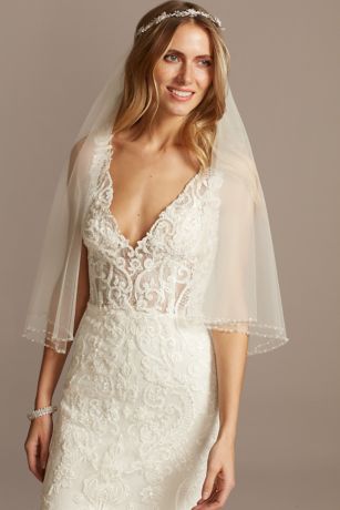 Lace Applique Pearl Scalloped Mid-Length Veil